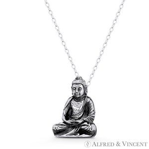 Double-Lotus Meditating Shakyamuni Buddha Buddhist Charm in .925 Sterling Silver
